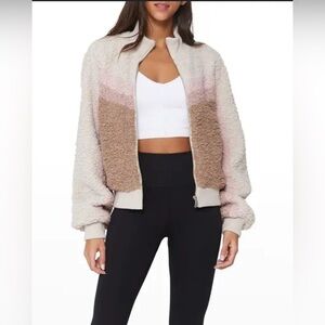 Spiritual Gangster Sherpa Stripe Fuzzy Bomber Crop Jacket